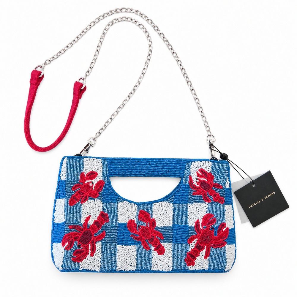 Beaded Lobster Crossbody Bag Blue Gingham‎ Nautical Novelty Coastal Beach NEW